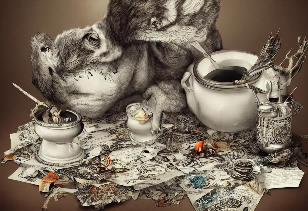 Image similar to smooth shading, ultra detailed, realistic detailed photo rendered in octane 3 d, with an ashtray on top, collage, paper, animals by laust højgaard, intricate detail, intricate ink painting detail, sharp high detail ultra detailed, high resolution, cinematic, unreal 6