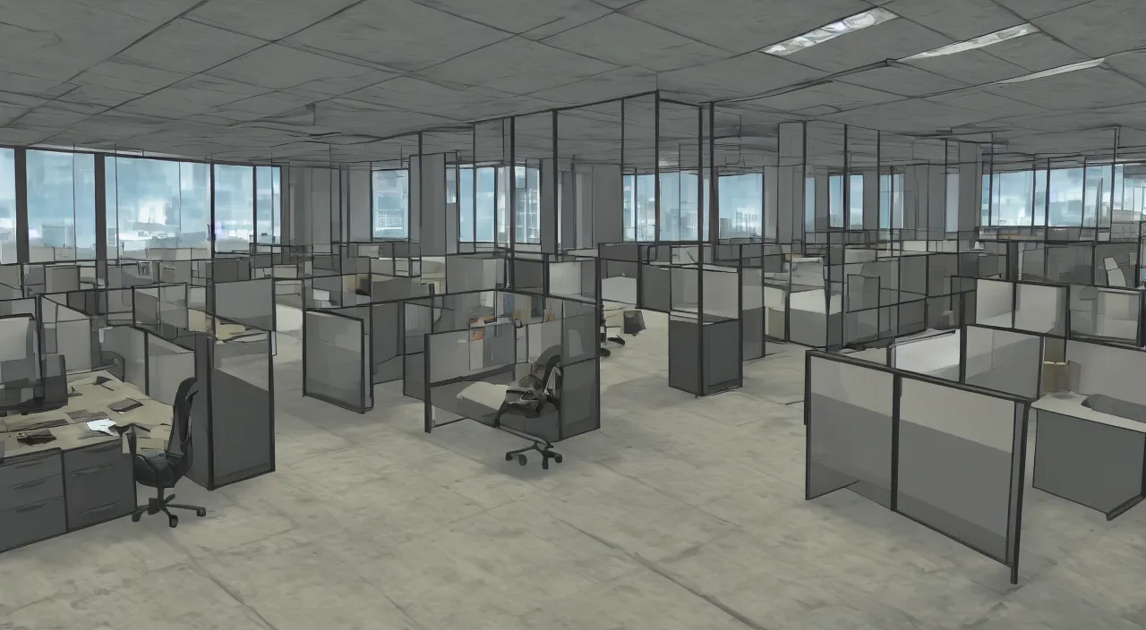 Image similar to An office at 3AM with multiple cubicles and a window that provides a view of the city, Source Engine, Gmod, Half Life 2