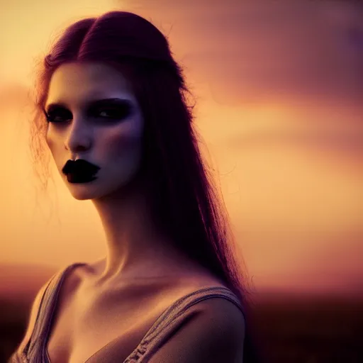 Image similar to photographic portrait of a stunningly beautiful gothic female in soft dreamy light at sunset, contemporary fashion shoot, by edward robert hughes, annie leibovitz and steve mccurry, david lazar, jimmy nelsson, breathtaking, 8 k resolution, extremely detailed, beautiful, establishing shot, artistic, hyperrealistic, beautiful face, octane render