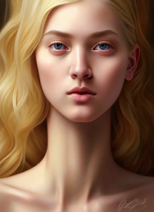 Image similar to beautifully symmetrical face, portrait of young woman blessed with ever - increasing physical and mental perfection, realism, blonde hair, plush lips, perfect face!! intricate, elegant, highly detailed, vision of holy perfection!! digital painting, artstation, concept art, smooth, sharp focus, illustration, humanity, art by artgerm and greg rutkowski and alphonse mucha
