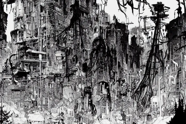 Image similar to no man's land, remnants of the human civilization, post-apocalyspe, a color illustration by Tsutomu Nihei and Katsuhiro Otomo