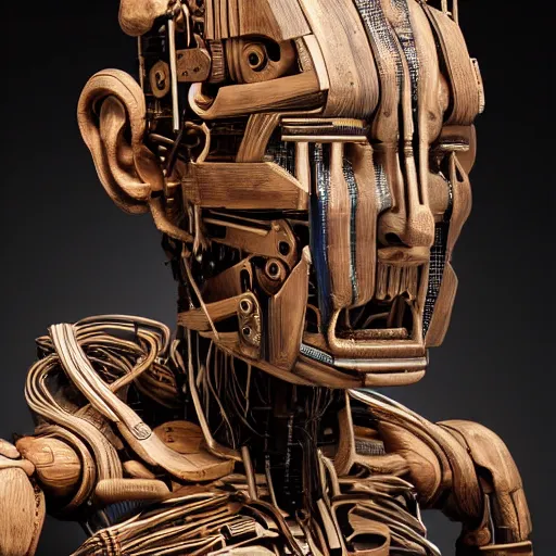 Prompt: an ultra realistic photo, of a wooden art sculpture on a base, of an ancient robotic god cyberpunk hyperdetailed in a contemporary art gallery, octa 8k, by moebus n- 4