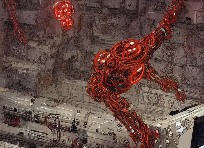 Image similar to cyborg in the data center, wired to the equipment and typing on the keyboard, red biomechanical details, wearing epic bionic cyborg implants, inflateble shapes, masterpiece, intricate, biopunk, highly detailed, artstation, concept art by frank miller geof darrow mike mignola, 8 k