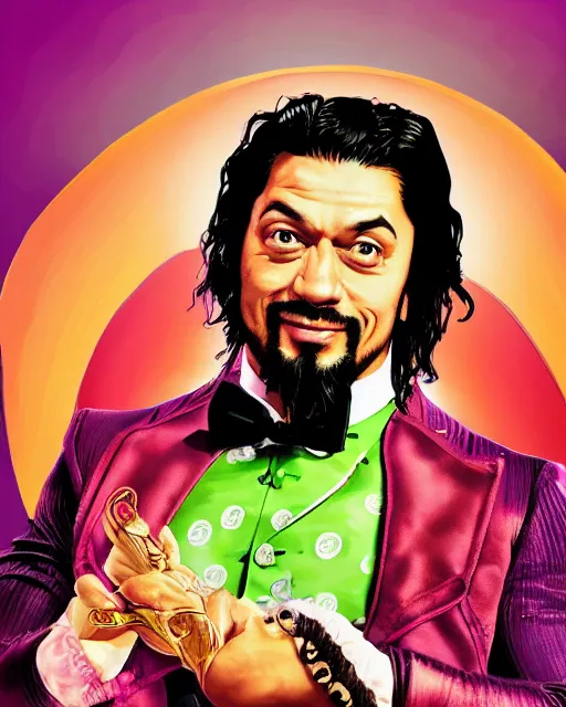 Prompt: Roman Reigns as Willy Wonka, digital illustration portrait design, detailed, gorgeous lighting, wide angle action dynamic portrait