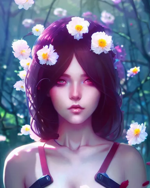 Image similar to perfect android girl, rose hair, cyborg, flowers, cinematic lighting, garden, beautiful girl, advanced technology, futuristic, art by ilya kuvshinov and akiko takase and eugene gottsnake and stanislav istratov and su fu and antoine collignon