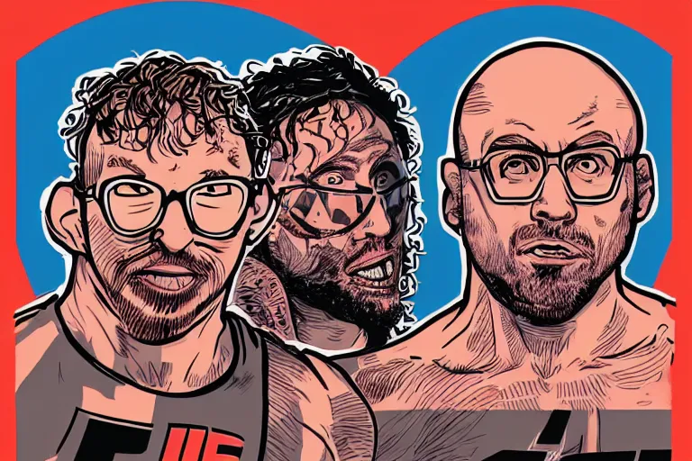 Prompt: Sam Hyde fighting Joe Rogan in the UFC octagon, Mike Judge art style, 90's mtv illustration, clean linework