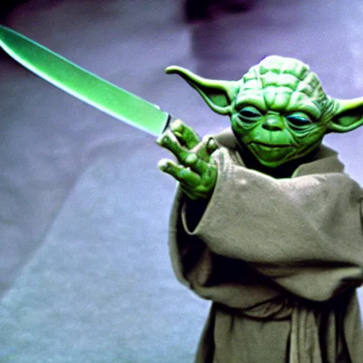 Prompt: Yoda brandishing a knife, film still, photo