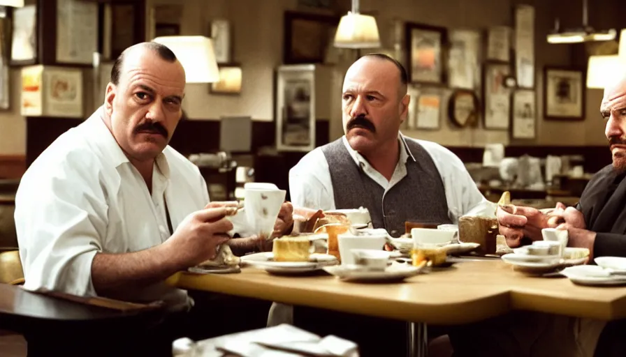 Image similar to tony soprano and walter white having breakfast at a diner, 4 k, film still, real, film footage