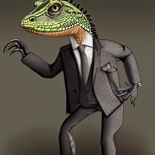 Image similar to a highly detailed portrait of an anthropomorphic lizard man with bright scaly skin wearing a well tailored business suit and tie, 8 k, 4 k, highly detailed, sharp,