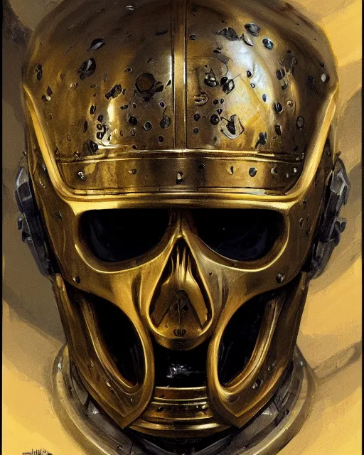 Image similar to three quarter view of a knights helmet gold skull face mask by donato giancola and greg rutkowski, vintage retro scifi, realistic face, digital art, trending on artstation