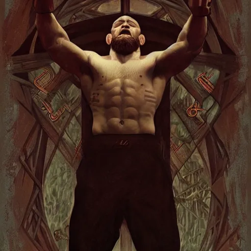 Image similar to hulking conor mcgregor crucified on the cross, masterpiece, intricate, elegant, highly detailed, digital painting, artstation, concept art, smooth, sharp focus, illustration, art by artgerm and greg rutkowski and alphonse mucha and uang guangjian and gil elvgren and sachin teng, symmetry!!