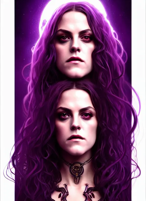 Image similar to portrait of riley keough as a vampire queen, jewelry, greek, purple, intricate, headshot, highly detailed, digital painting, artstation, concept art, sharp focus, cinematic lighting, illustration, art by artgerm and greg rutkowski, alphonse mucha, cgsociety