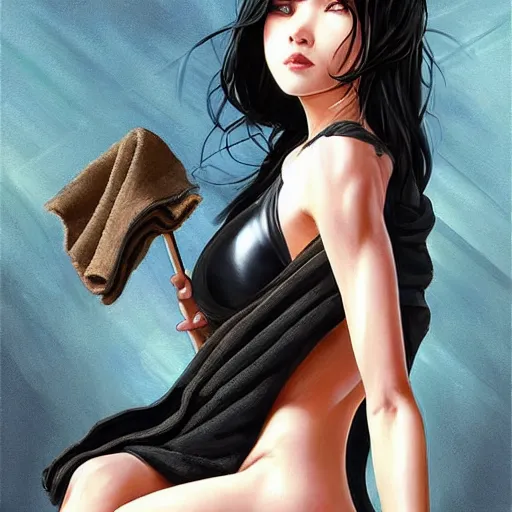 Prompt: portrait of cassandra cain with a towel wrapped around her torso!!!!!, towel wrapped around her hair!!!!!, casual, modern, victoria's secret, highly detailed, digital painting, artstation, concept art, smooth, sharp focus, illustration, art by artgerm, greg rutkowski and alphonse mucha