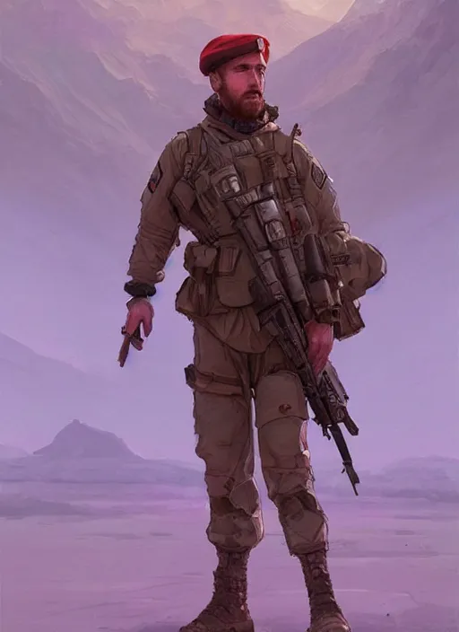 Image similar to purple scene lighting, detailed character portrait!!! concept art, ryan gosling as a soldier with beard, short hair, in a soldier uniform, desert with city in the background, sharp focus, illustration, highly detailed, digital painting, concept art, matte, art by wlop and artgerm and greg rutkowski, masterpiece