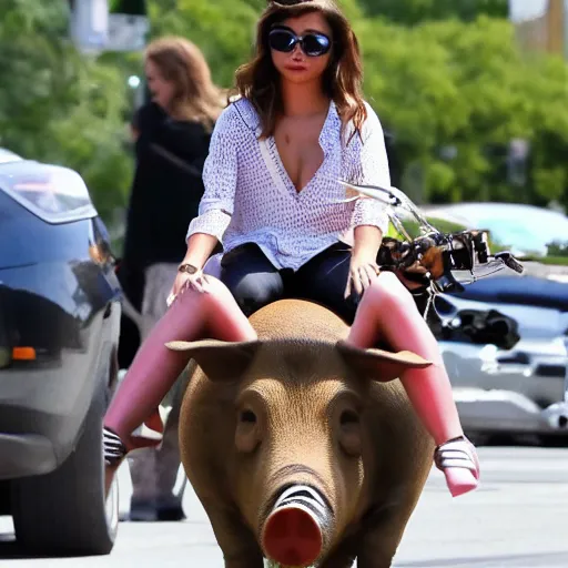 Prompt: sarah hyland riding on the back of a pig in traffic