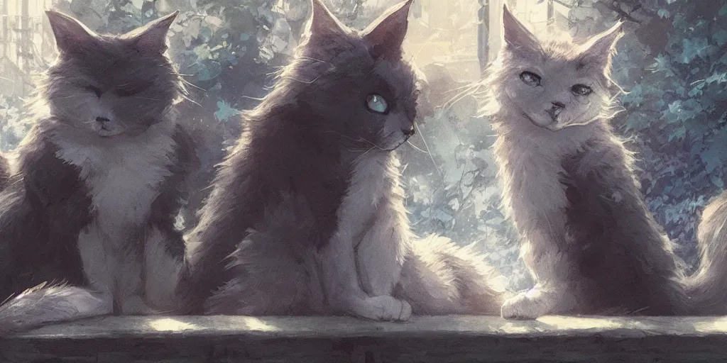 Prompt: several cats sitting on a bench, close up shot, anime art, Greg Rutkowski, studio ghibli, dramatic lighting