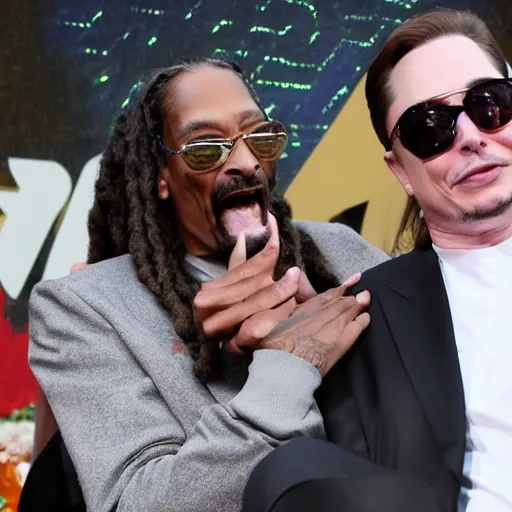 Prompt: snoop dogg french kissing elon musk with long tongue, in front of paparazzi, 8 k, photo,