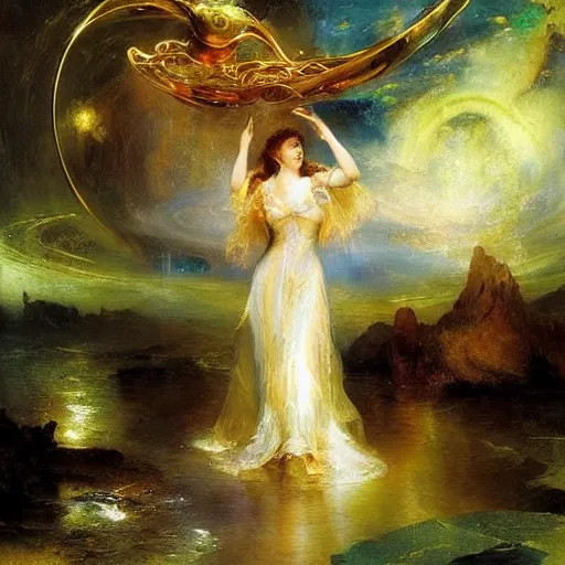 Prompt: A kinetic sculpture. A rip in spacetime. Did this device in her hand open a portal to another dimension or reality?! by Thomas Moran unified, serene