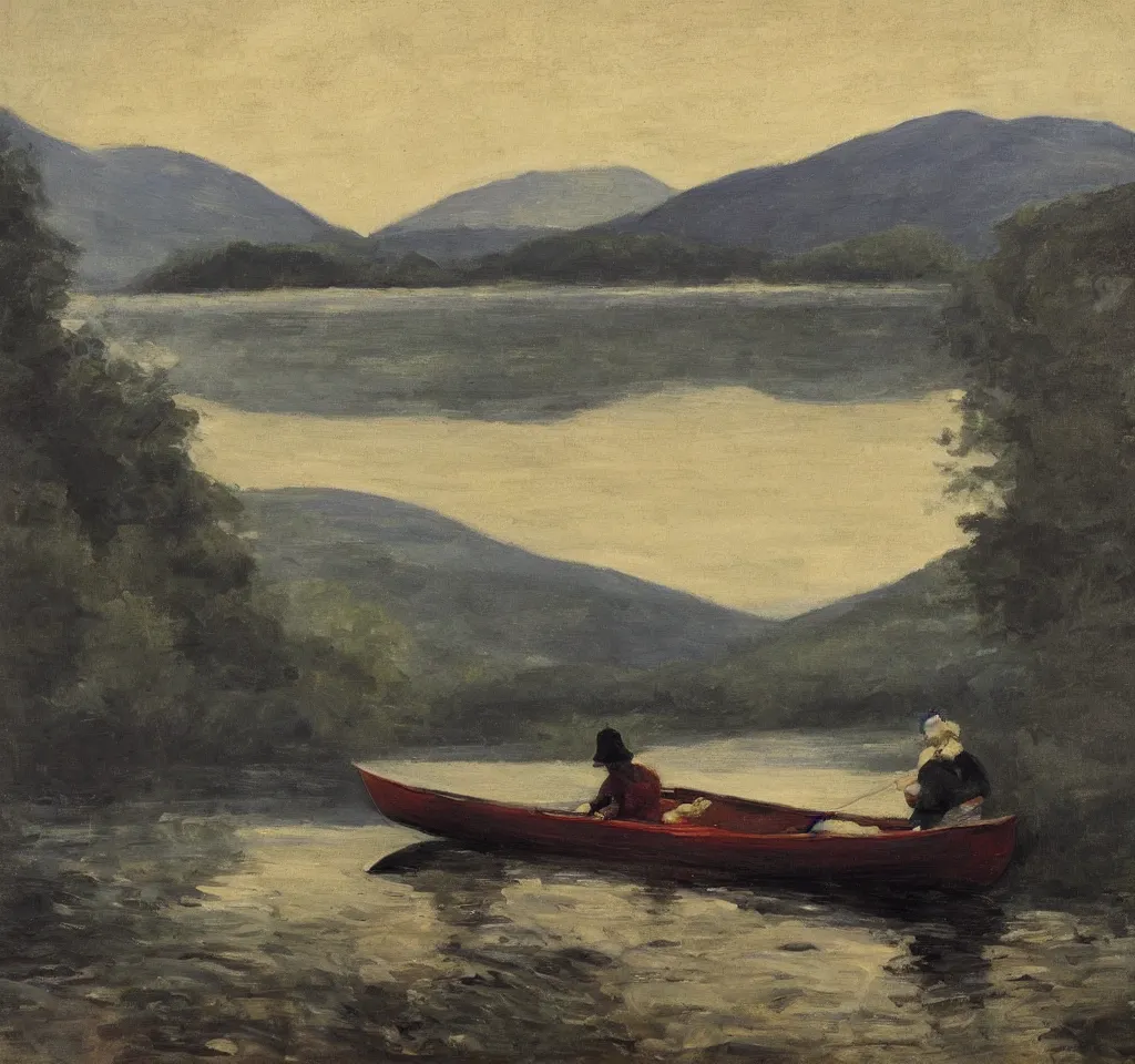 Image similar to one beautiful woman sitting in canoe on the hudson river, mountains in mist in the background, oil painting, style of george bellows