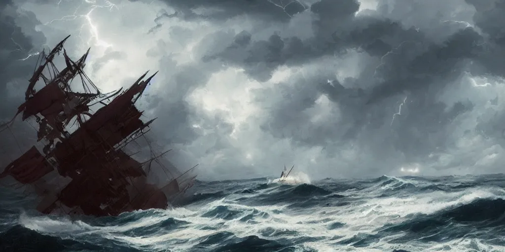 Image similar to A chinese sailing boat struggles through stormy seas, an intense storm blacks out the sky, lit by lightning, Greg Rutkowski and Studio Ghibli