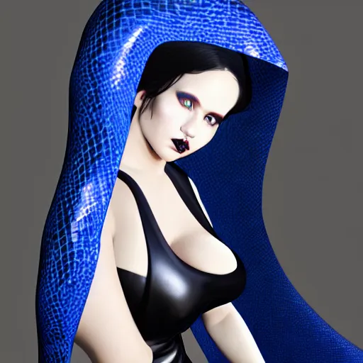 Image similar to curvy feminine hot goth cutie with sublime modest elegant patterned blue-black snakeskin leather neck-high gown, cgsociety, photorealistic, comfy ambience, idealistic, 16k, smooth, sharp focus, trending on ArtStation, volumetric lighting, fully clothed, worksafe