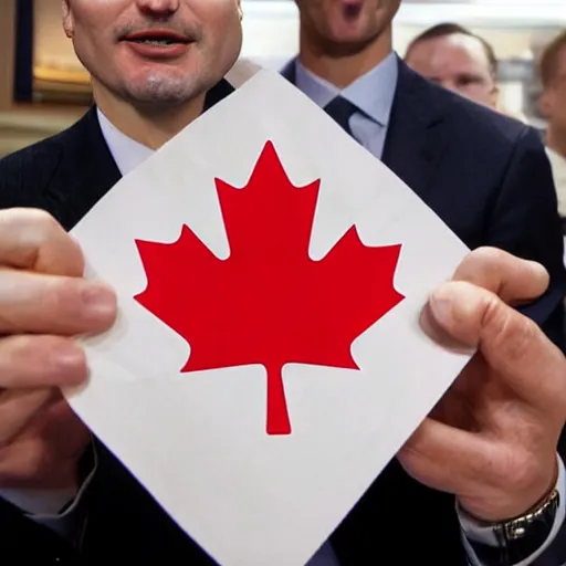 Prompt: a poutine with full of canadian cash inside served by happy Justin Trudeau