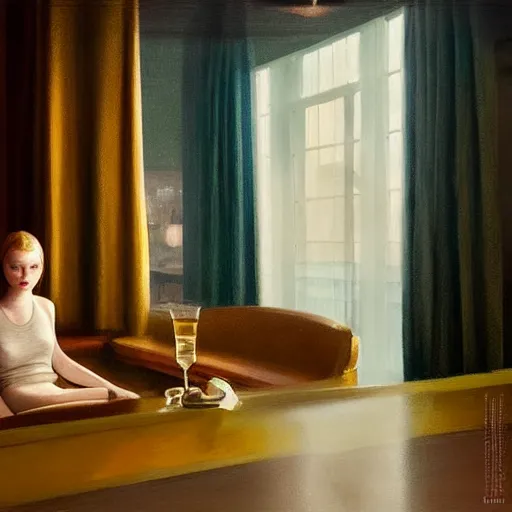 Image similar to Elle Fanning alone at a bar in the world of Edward Hopper, stormy weather, extremely detailed masterpiece, oil on canvas, low-key neon lighting, artstation, Blade Runner 2049, Roger Deakin’s cinematography, by J. C. Leyendecker and Peter Paul Rubens,