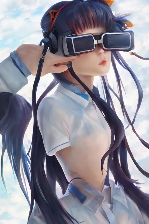 Image similar to anime girl with curly long hair wearing vr goggles and school uniform, aesthetic, wlop, digital painting, trending on artstation, highly detailed, epic composition, official media, 8 k uhd