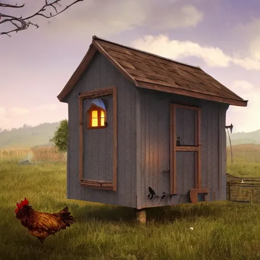 Prompt: a chicken coop built by a witch, realistic, 8 k, extremely detailed, cgi, trending on artstation, hyper - realistic render, by greg rutkowski