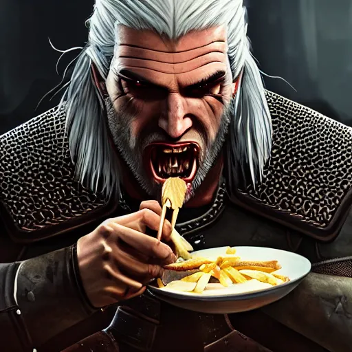 Prompt: geralt of rivia eating a kebab, trending on artstation, cinematic composition, detailed, hd, digital art