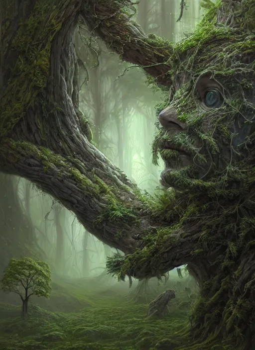 Image similar to Portrait of an Ancient Robot with a tree growing out of its head, patches of moss, translucent leaves, extremly detailed digital painting, in the style of Tomasz Alen Kopera and Fenghua Zhong and Peter Mohrbacher, mystical colors, rim light, beautiful lighting, 8k, stunning scene, raytracing, octane, trending on artstation