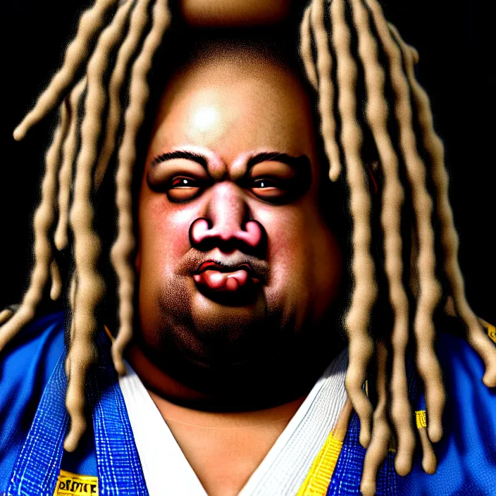 Prompt: hyperrealistic mixed media portrait of a moridly obese black man with dreads wearing a gi, doing martial arts, stunning 3d render inspired art by P. Craig Russell and Barry Windsor-Smith + perfect facial symmetry + dim volumetric lighting, 8k octane beautifully detailed render, post-processing, extremely hyperdetailed, epic composition, grim yet sparkling atmosphere, cinematic lighting + masterpiece, trending on artstation