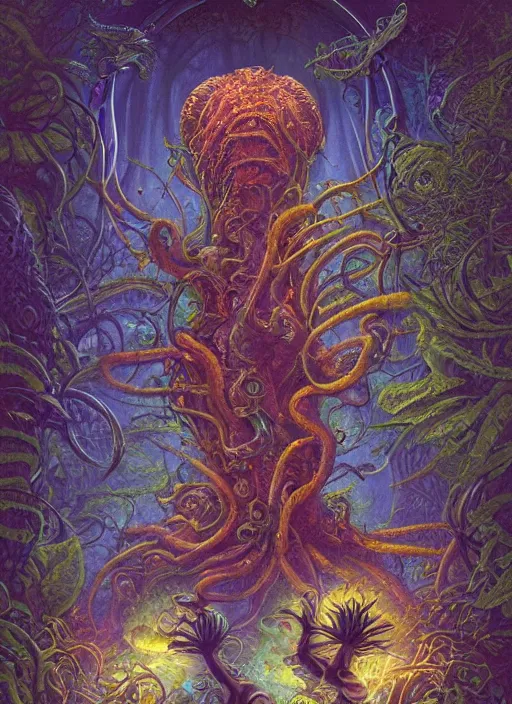 Image similar to lsd hippie poster art lovecraft horror machine glowing reptile eyes, plants and trees, elegant, highly detailed, centered, digital painting, artstation, concept art, smooth, sharp focus, illustration, artgerm, tomasz alen kopera, peter mohrbacher, donato giancola, joseph christian leyendecker, wlop, frank frazetta