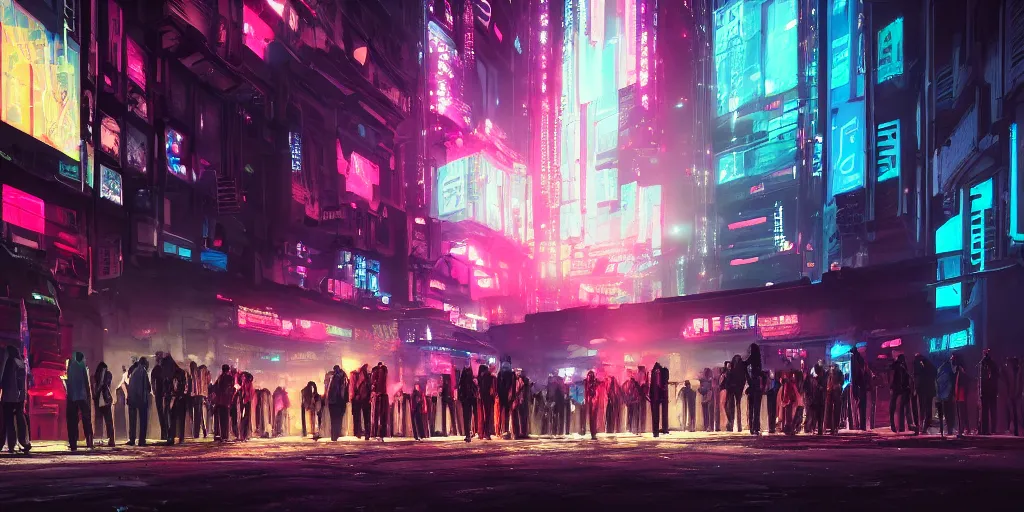 Prompt: a group of people standing outside of a building, cyberpunk art by liam wong, cgsociety, retrofuturism, glowing neon, neon, matte painting