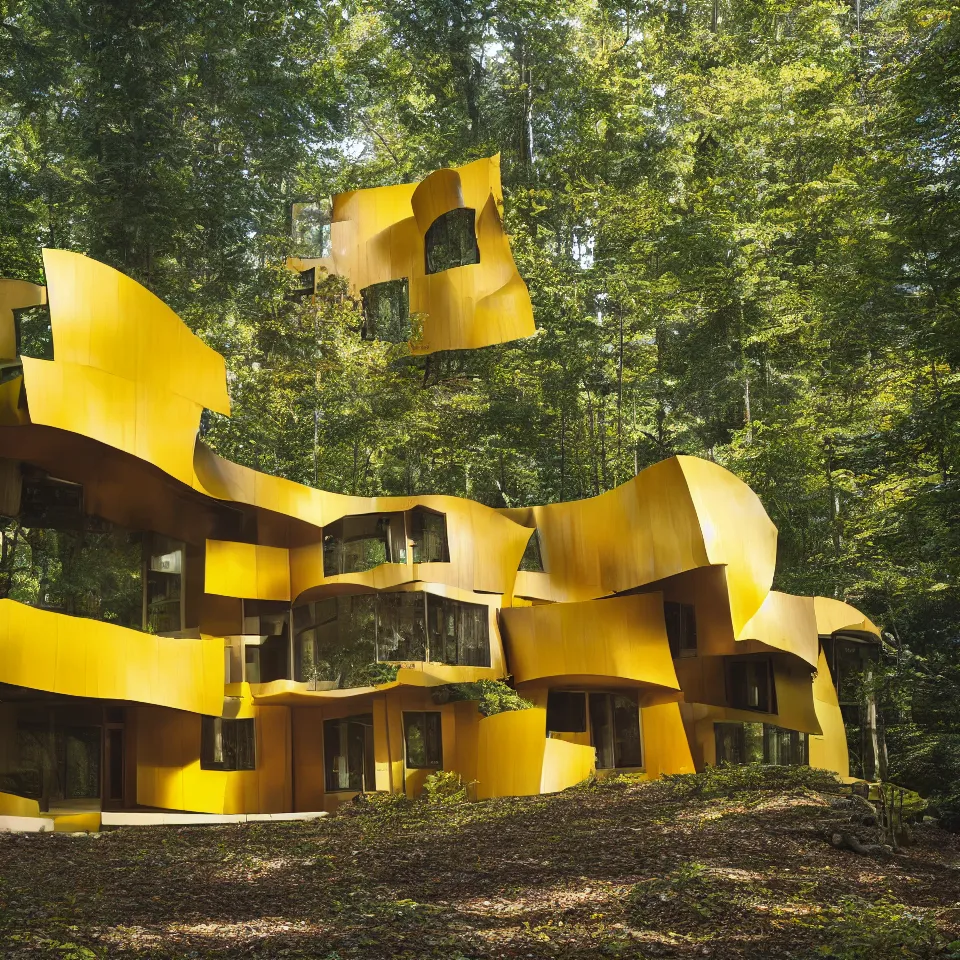 Image similar to architecture ad for a mid-century modern house in the middle of the forest, designed by Frank Gehry. Film grain, cinematic, yellow hue
