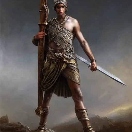 Image similar to artstation concept of a Young man with a bare upper body holding a sword in both hand, brown skin, silver garment, shiny colorful, hyperdetailed, artstation trending, world renowned artists, worth1000.com, historic artworks society, antique renewel, cgsociety, by greg rutkowski, by Gustave Dore, Deviantart