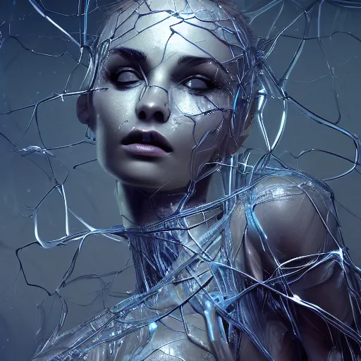 Prompt: a highly detailed digital image of a shattering futuristic woman elegantly tangled in liquid like leaves, by Andrew Chiampo, artstation, and Frederik Heyman, extremely detailed woman, stunning volumetric lighting, hyper realism, fantasy 4k