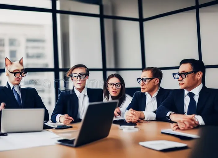 Image similar to photo of well dressed cats in spectacles at a management board meeting. Highly detailed 8k. Intricate. Sony a7r iv 55mm. Stock photo.