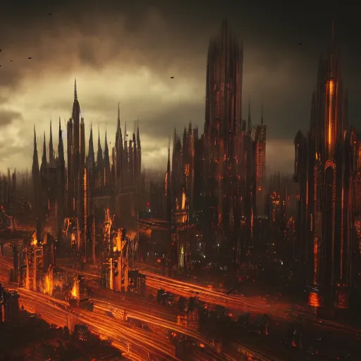 Prompt: octane render of a gothic city with an overcast sky, tall spires, steampunk, cyberpunk, high - definition, trending on artstation, alienating, imposing, imperious, malevolent, moody, landscape, distant, vast, cityscape, skyline, neon, glowing, flying vehicles, long shot