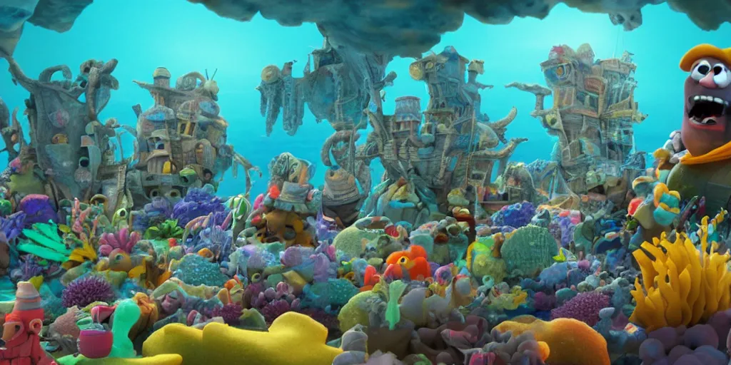 Prompt: pirates on the seafloor there are sponges in the foreground, renderman, 4k, 3d, detailed
