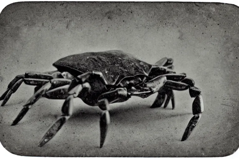 Image similar to a tintype photo of a half-goat half-crab creature, hybrid