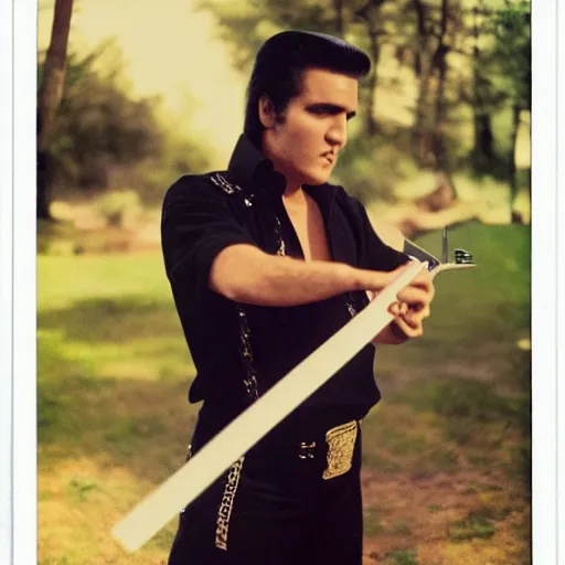 Image similar to elvis presley holding a katana, color Polaroid,