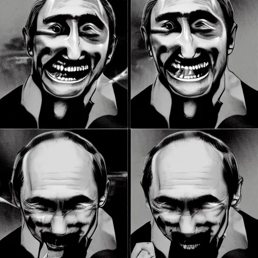 Prompt: vladimir putin drunk without teeth smiling ☺, horror scene in lunatic asylum, intricate, highly detailed, smooth, artstation