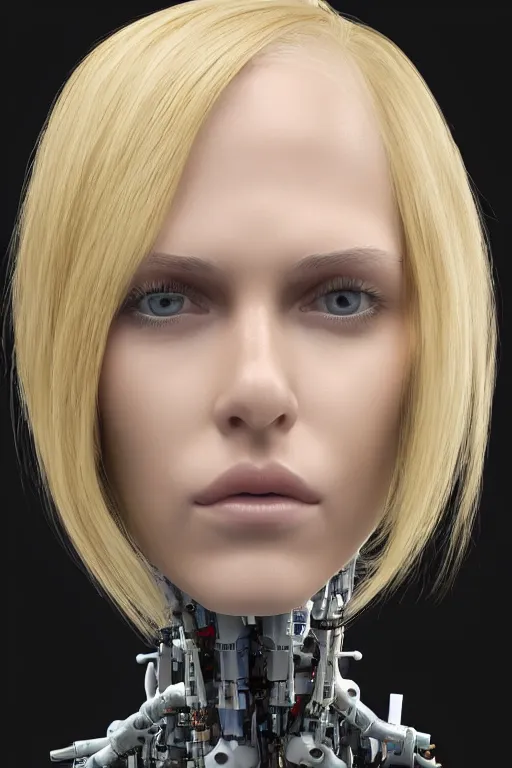Image similar to robot with human face, female head, full body angle, woman human face, human face realistic, beautiful blonde hair, human head, human head with blonde hair, blonde hair human head, blonde hair, human realistic face, human head skin, cyborg frame concept, cyborg by ales-kotnik, sci-fi android female, the body is made of wires, robotic body, cyborg body, cyborg bust body, robot body cyborg, full body