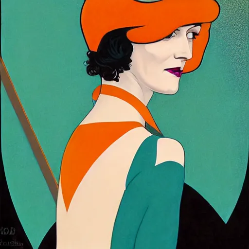 Image similar to Eva Green, Art by Coles Phillips, Orange bodysuit, Chalk white skin, deep purple hair, Green eyes, Portrait of the actress, Eva Green as Metamorpho, geometric art, art deco, Alphonse Mucha, Vasily Kandinsky, carbon black and antique gold