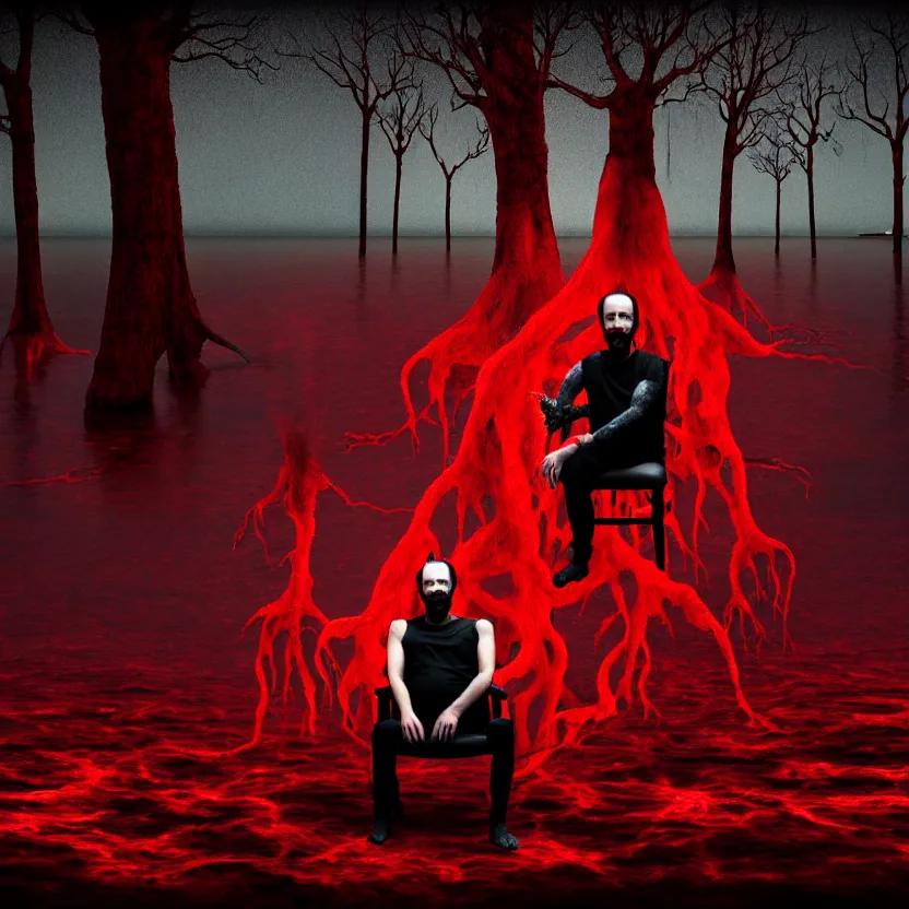 Image similar to a portrait of a man with five heads, twelve arms, sitting on chair made of human limbs, the chair is floating in a lake of blood, around the lake are melting trees, digital art, hyperrealistic nightmare scene, supernatural, highly detailed, creepy, terrifying