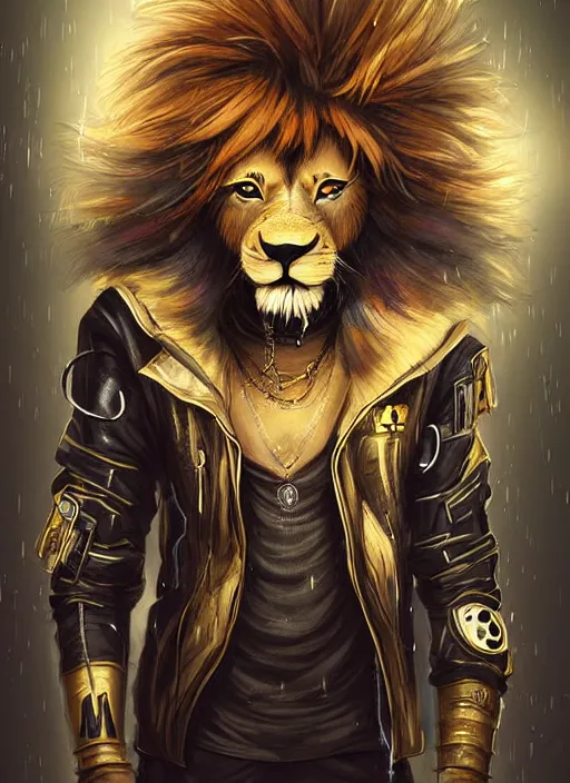 Image similar to award winning beautiful portrait commission of a male furry anthro lion fursona with a tail and a cute beautiful attractive detailed furry face wearing stylish black and gold cyberpunk clothes in a cyberpunk city at night while it rains. Character design by charlie bowater, ross tran, artgerm, and makoto shinkai, detailed, inked, western comic book art