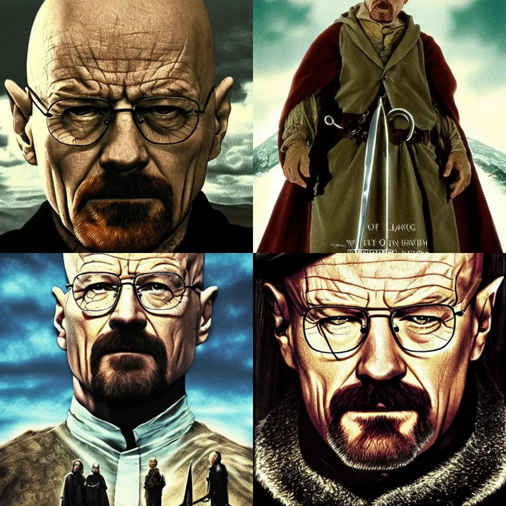 Prompt: Walter White in Lord of the rings, amazing movie cover art, no text