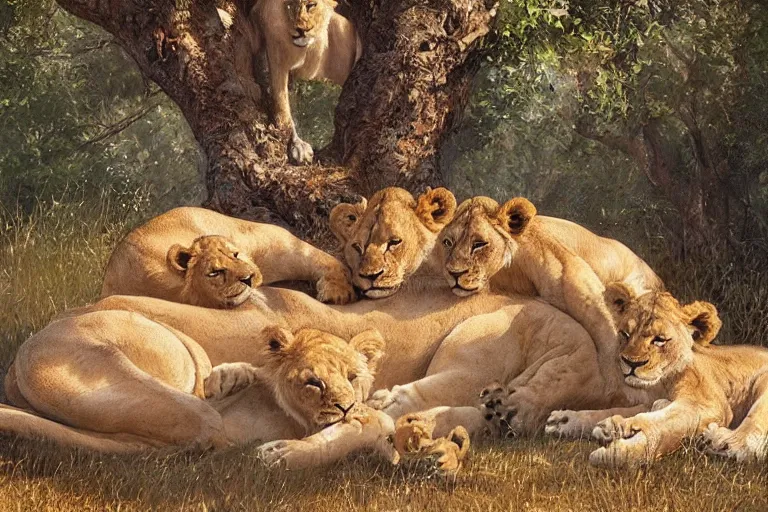 Prompt: lion and cubs resting under a tree in the morning, beautiful painting, greg rutkowski, james gurney, artstation.