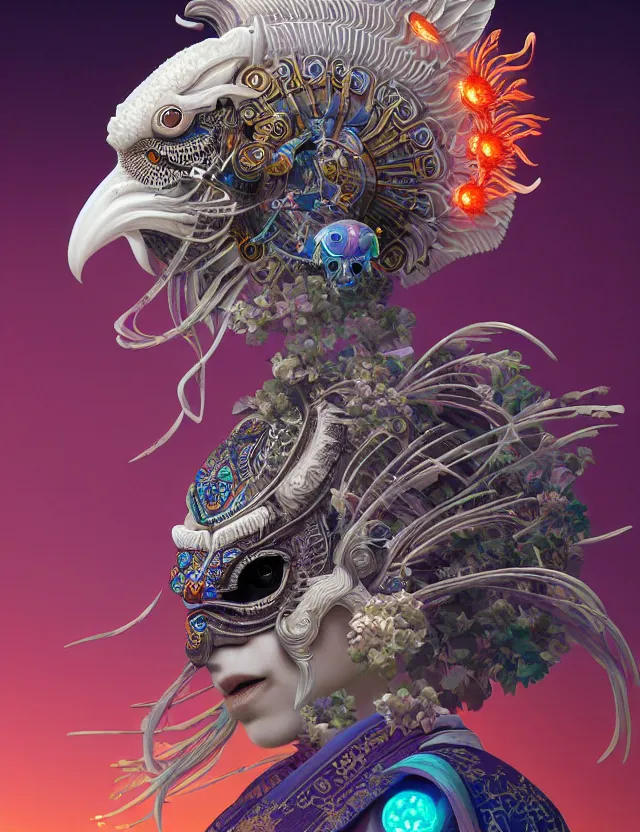 Image similar to 3 d goddess close - up profile solarpunk portrait ram skull. beautiful intricately detailed japanese crow kitsune mask and clasical japanese kimono. betta fish, jellyfish phoenix, bio luminescent, plasma, ice, water, wind, creature, artwork by tooth wu and wlop and beeple and greg rutkowski